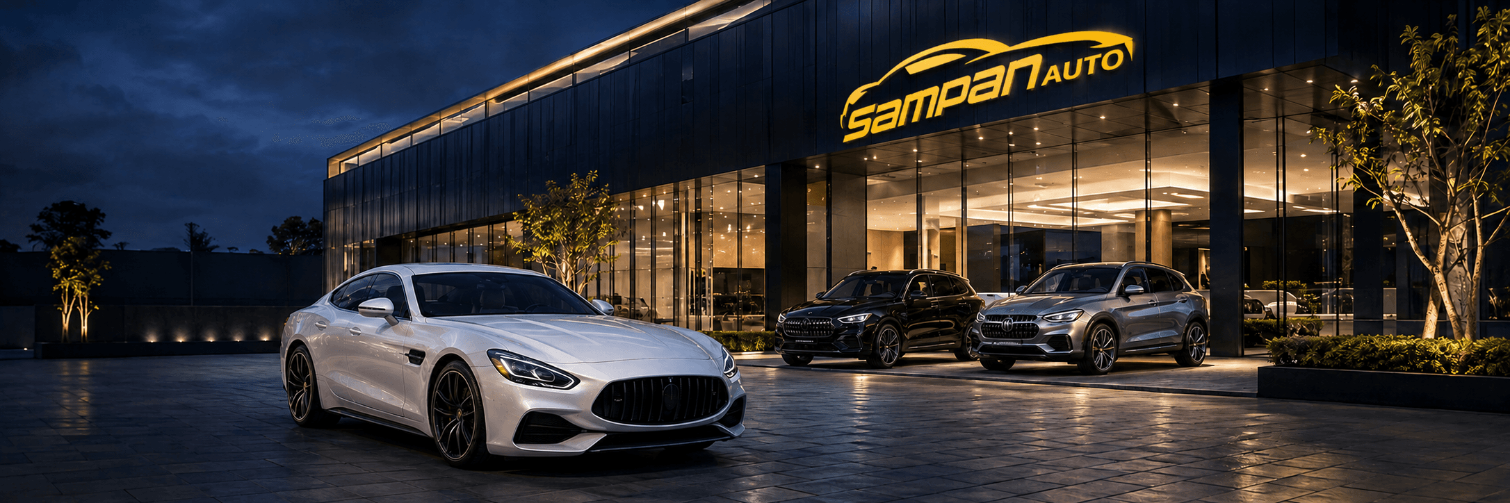 Sampan Auto showroom with three premium vehicles